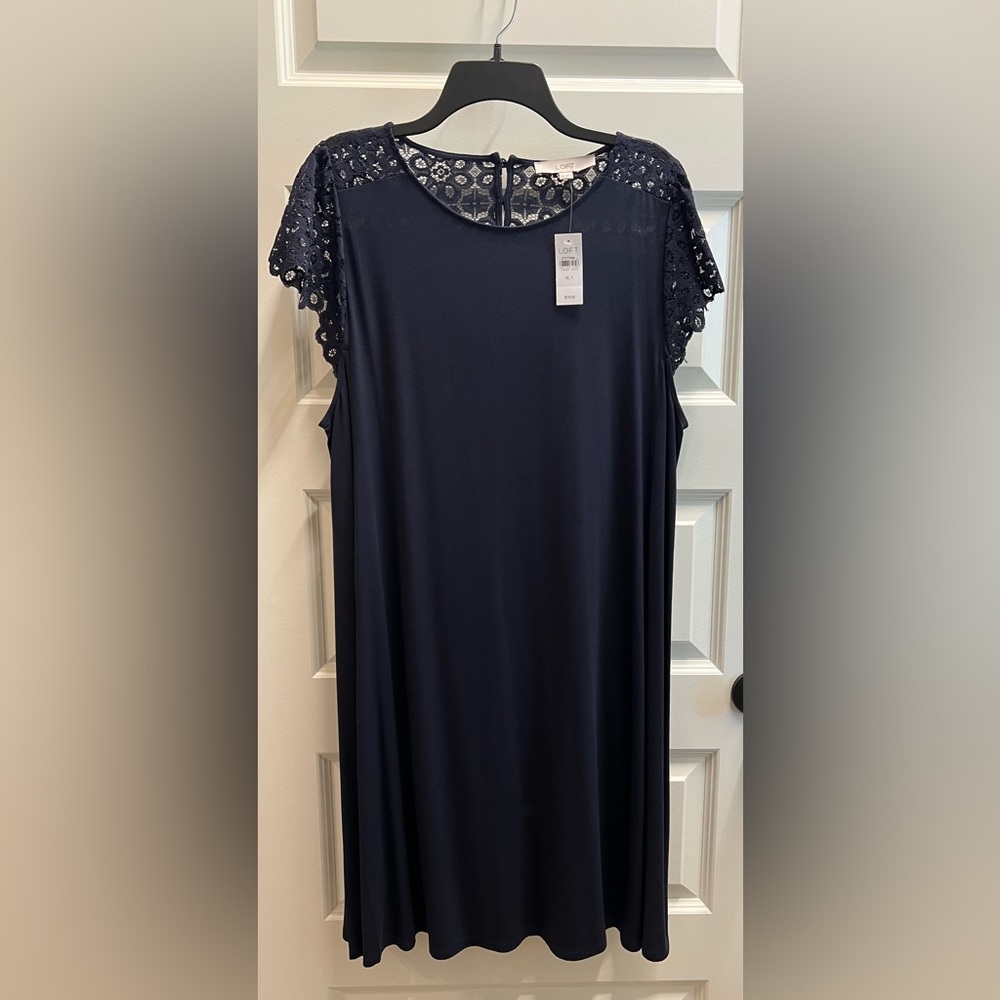 NWT - LOFT Navy Midi Dress with Lace Flutter Sleeve SZ XL T